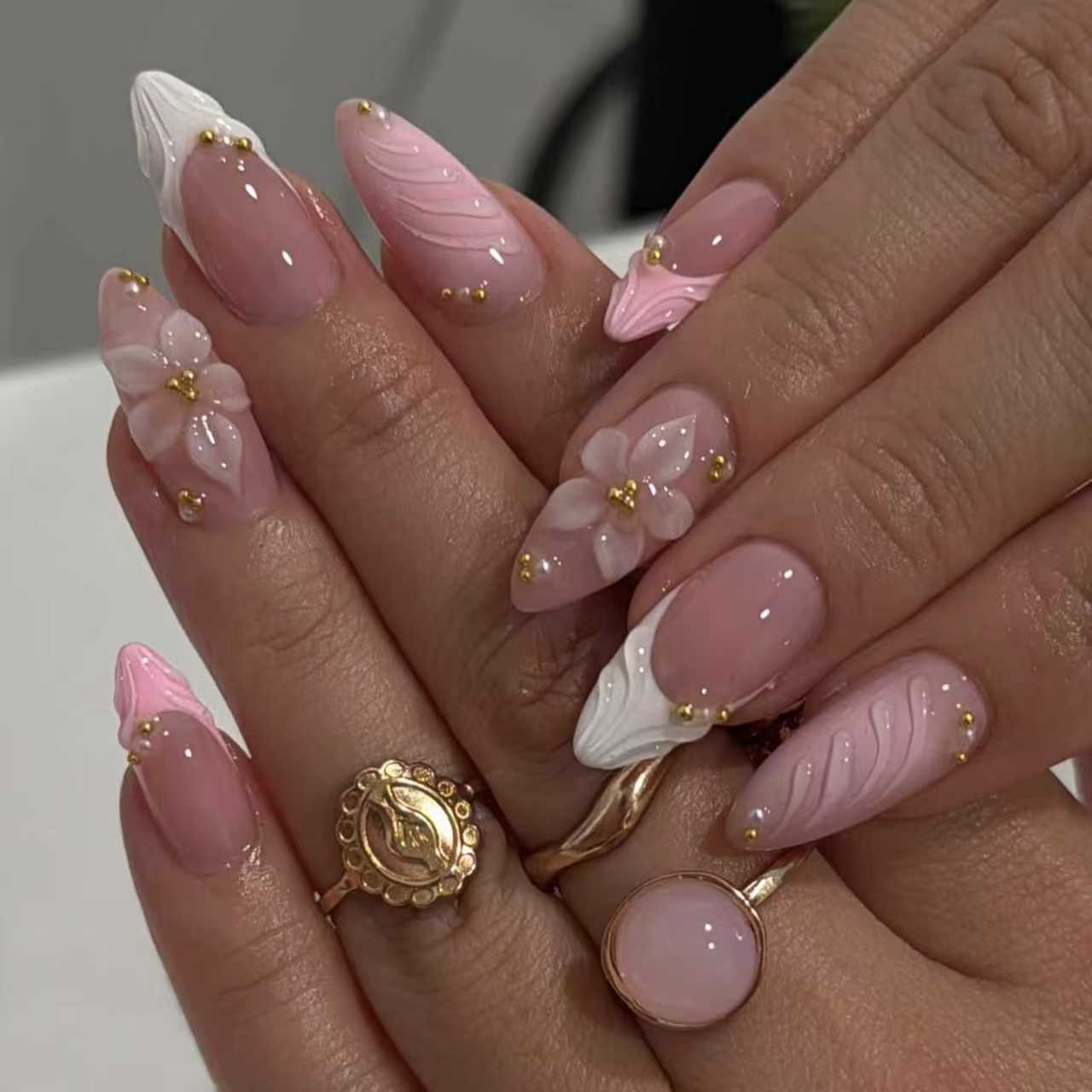 24 шт., розовый цветок, миндаль, пресс для ногтей, Kawaii, накладные ногти, носимые наклейки, накладные ногти, уñas Postizas Накладные Ногти 네일 опытных
