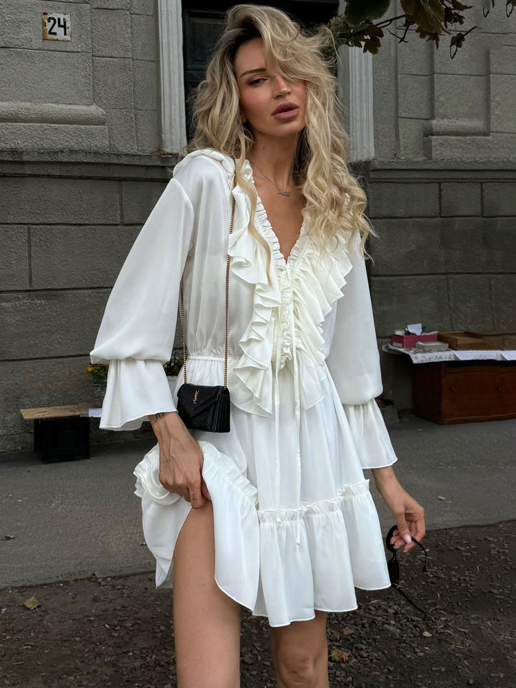 Tossy Ruches V-hals Witte Mini-jurk Vrouwelijke Patchwork Lange Mouw Elegante Bandage Mode Jurk Hoge Taille Lace-Up Vrouwen Jurk