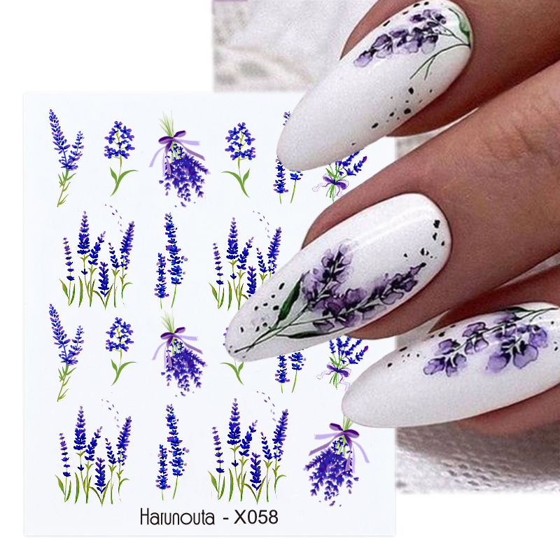 Harunouta, 1 hoja de calcomanías al agua para uñas, transferencia de lavanda, hojas de flores de primavera, pegatinas para decoración de uñas, manicura DIY