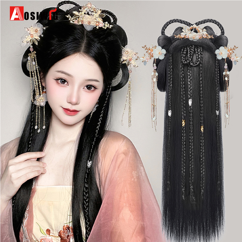 合成漢服ヘアバンド,編み込みウィッグ,アンティークスタイルのパッケージ,毎日のふわふわヘアスタイル