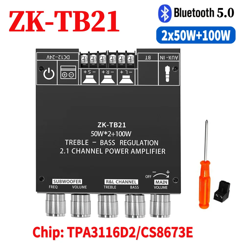 ZK-MT21 Channel Bluetooth 5.0 CS8673E 2.1 Subwoofer Amplifier Board 50W X 2+100W Power Audio Stereo Amplifier Board Bass AMP AUX