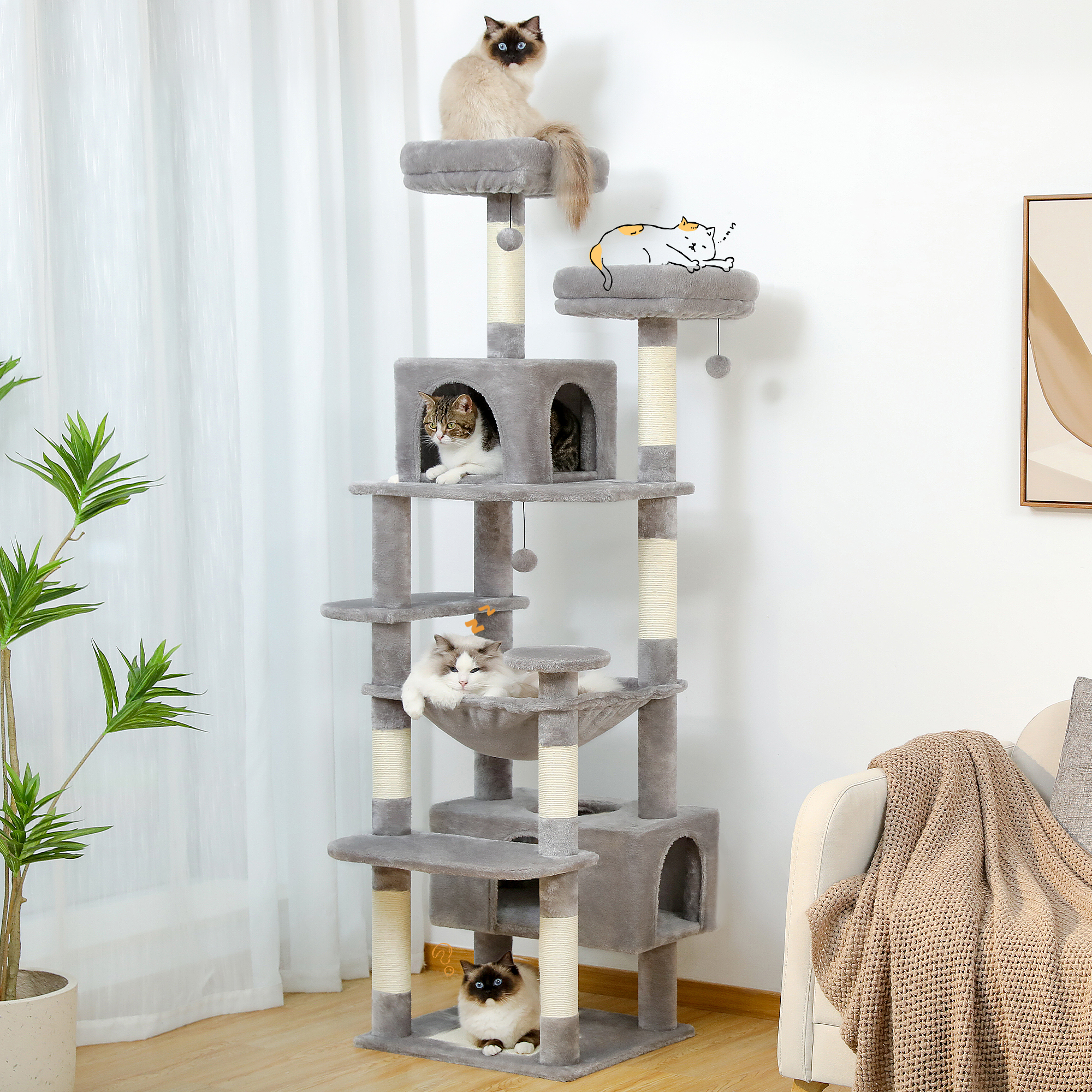 ต้นไม้แมวขนาดใหญ่และ Tower สําหรับแมวในร่มที่มี Sisal-Covered Scratching โพสต์กว้างขวางเปลญวนเบาะ Perches และคอนโดของเล่นแมว