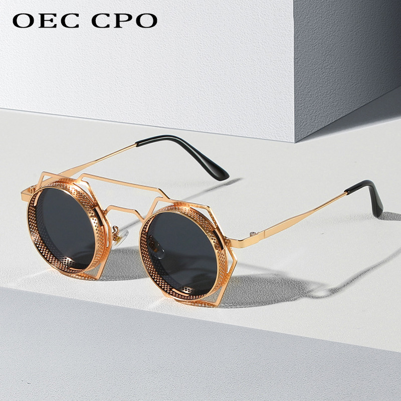 OEC CPO Steampunk Runde Sonnenbrille Frauen Männer 2023 Metall Mesh Persönlichkeit Sonnenbrille Weibliche Brillen Goggle UV400 Shades Oculos