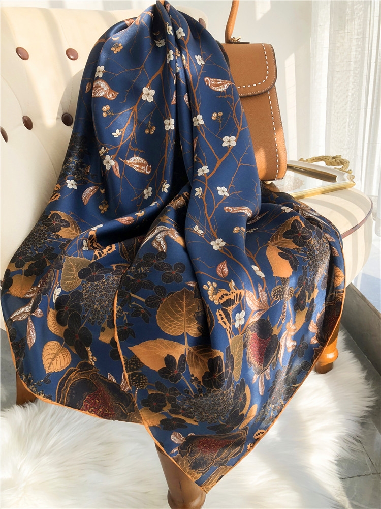 БИСИФА |   Темно-синий кофейный золотой 100% шелковый шарф Femmes Foulard Осень Цветочный дизайн Шелковые шарфы Шали Зимние длинные шарфы Хиджабы