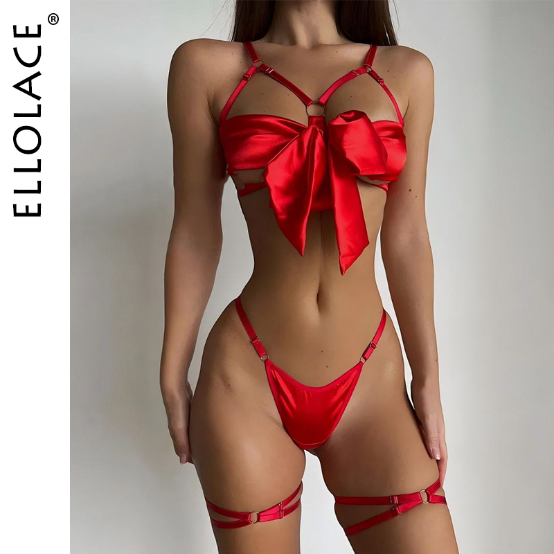 Ellolace нижнее белье с бантом, открытый бюстгальтер на шнуровке, сексуальное нижнее белье, атласный эротический наряд из 3 предметов, комплект билизни без цензуры для молодых девушек