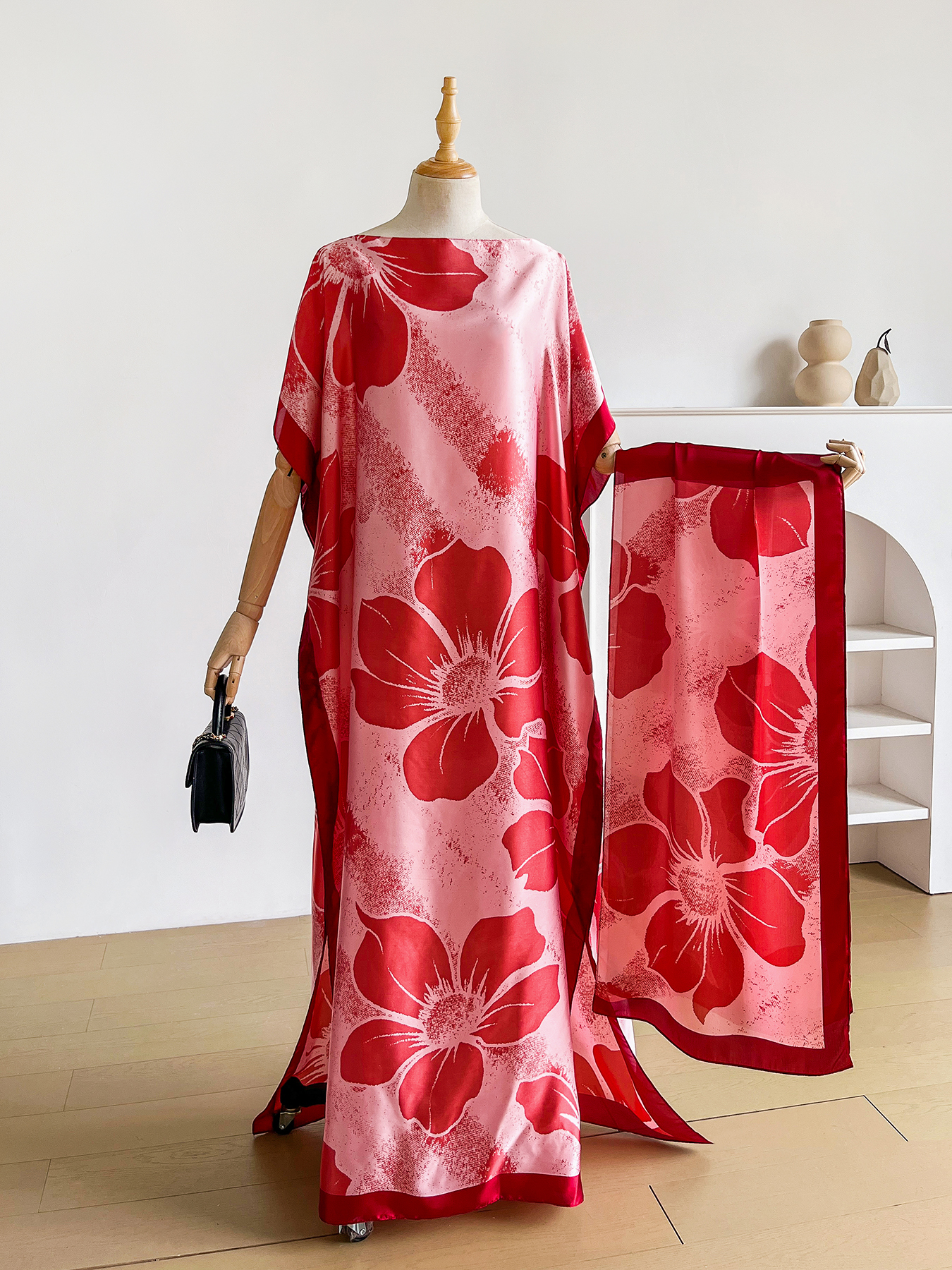 Zomerse Boho bloemenprint Abaya met sjaal, losse vleermuismouw maxi kaftan voor Afrikaanse moslimvrouwen, strand- en vakantiekleding