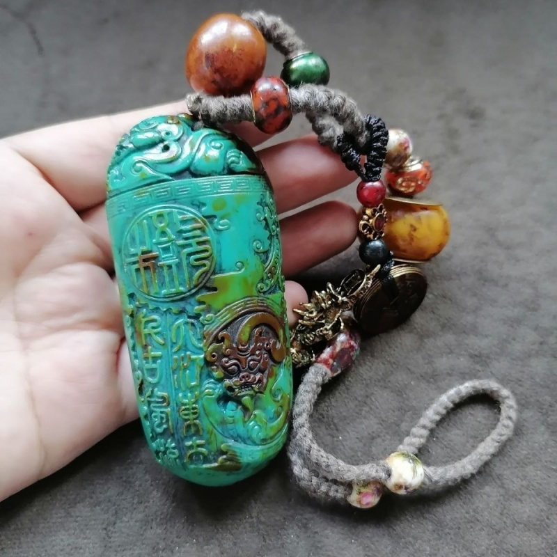 Colección antigua, retorno de área tibetana, patina antigua, segunda generación, turquesa, Pixiu, accesorio colgante de mano multitreso o