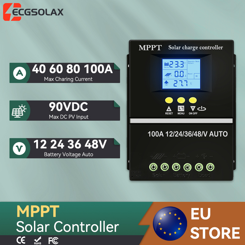 Contrôleur de charge solaire MPPT ECGSOLAX 40A 60A 80A 100A 12V 24V 36V 48V, régulateur de charge de batterie solaire photovoltaïque automatique avec double USB