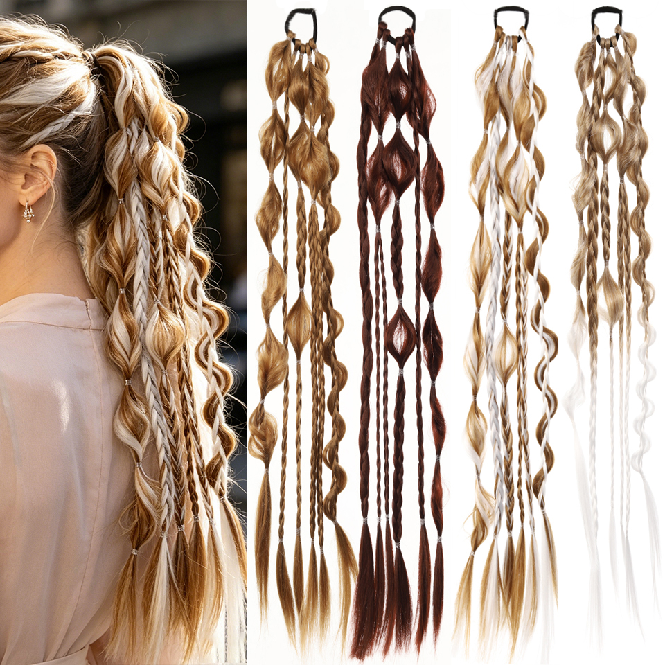 24 Zoll lange synthetische geflochtene Bubble-Ponytail-Perückenverlängerungen, leicht, mit elastischem Band, Perückenzubehör für Frauen, für den Partygebrauch