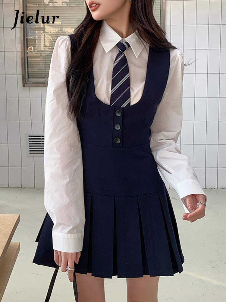 Jielur Preppy Stijl Geplooide Mode Vrouw Jurk Slanke Streetwear Chic Knopen Elegante Vrouwen Mini Jurk Herfst Kantoor Dames