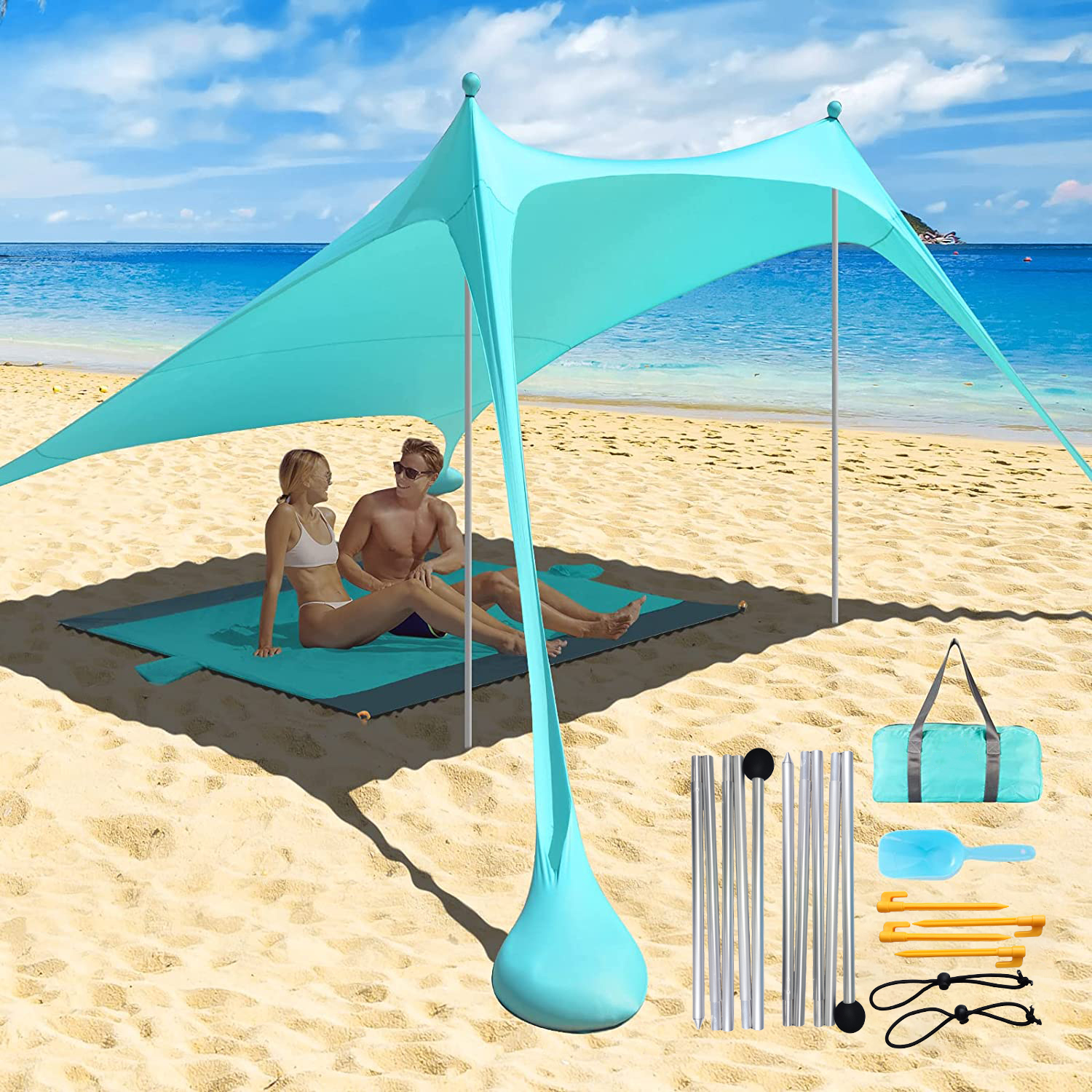 Tenda pantai ultra ringan keluarga, tenda naungan matahari dengan kantung pasir, kanopi portabel UPF50 + UV, 2.1m * 1.6m
