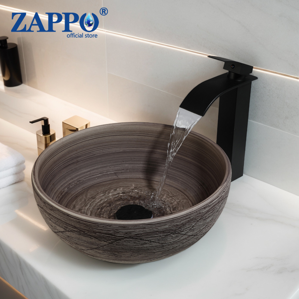 ZAPPO – évier rond en céramique de 14 pouces, avec robinet cascade et vidange, lavabo de salle de bains Vintage pour comptoir, lavabo rétro en porcelaine