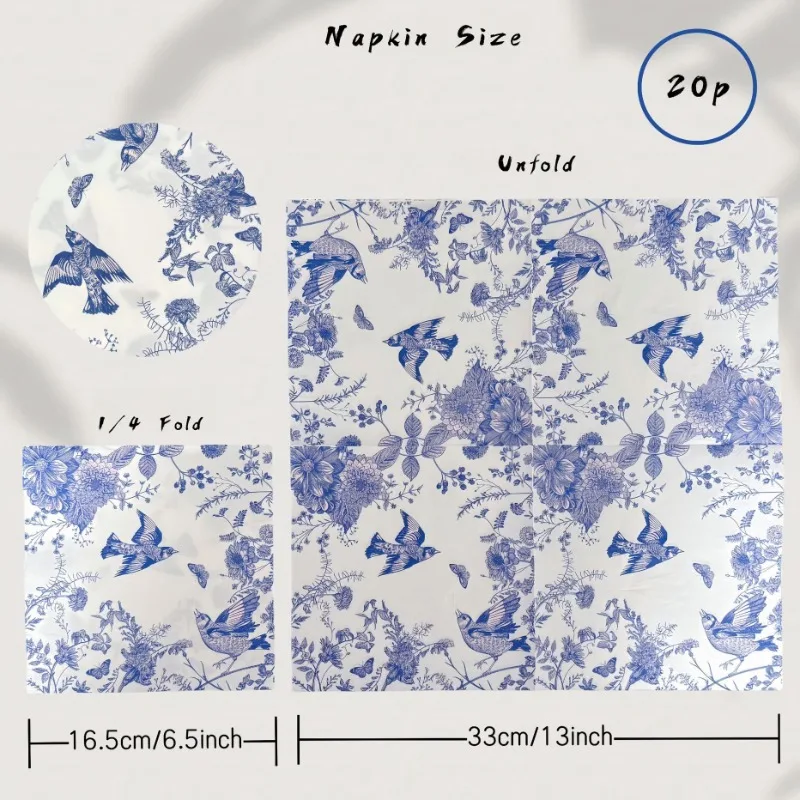 20pcs 33cm 2Layer Chinese Style Blue Flower and Bird Print Party Tissue Decoration Colored Paper Placemat DIY Decoupage Paper