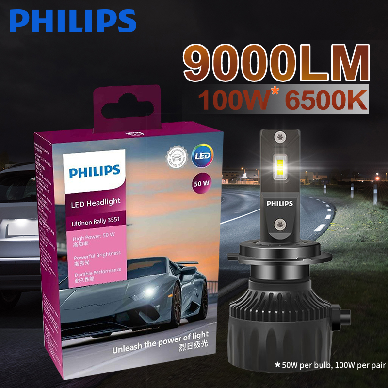 Żarówka LED Philips Ultinon Rally 3551 H4 H7 H11 HB3/4 9006 9005 HIR2 do reflektorów samochodowych, 6500K biała, maksymalna moc 50W, maksymalna ilość lumenów 4500lm.