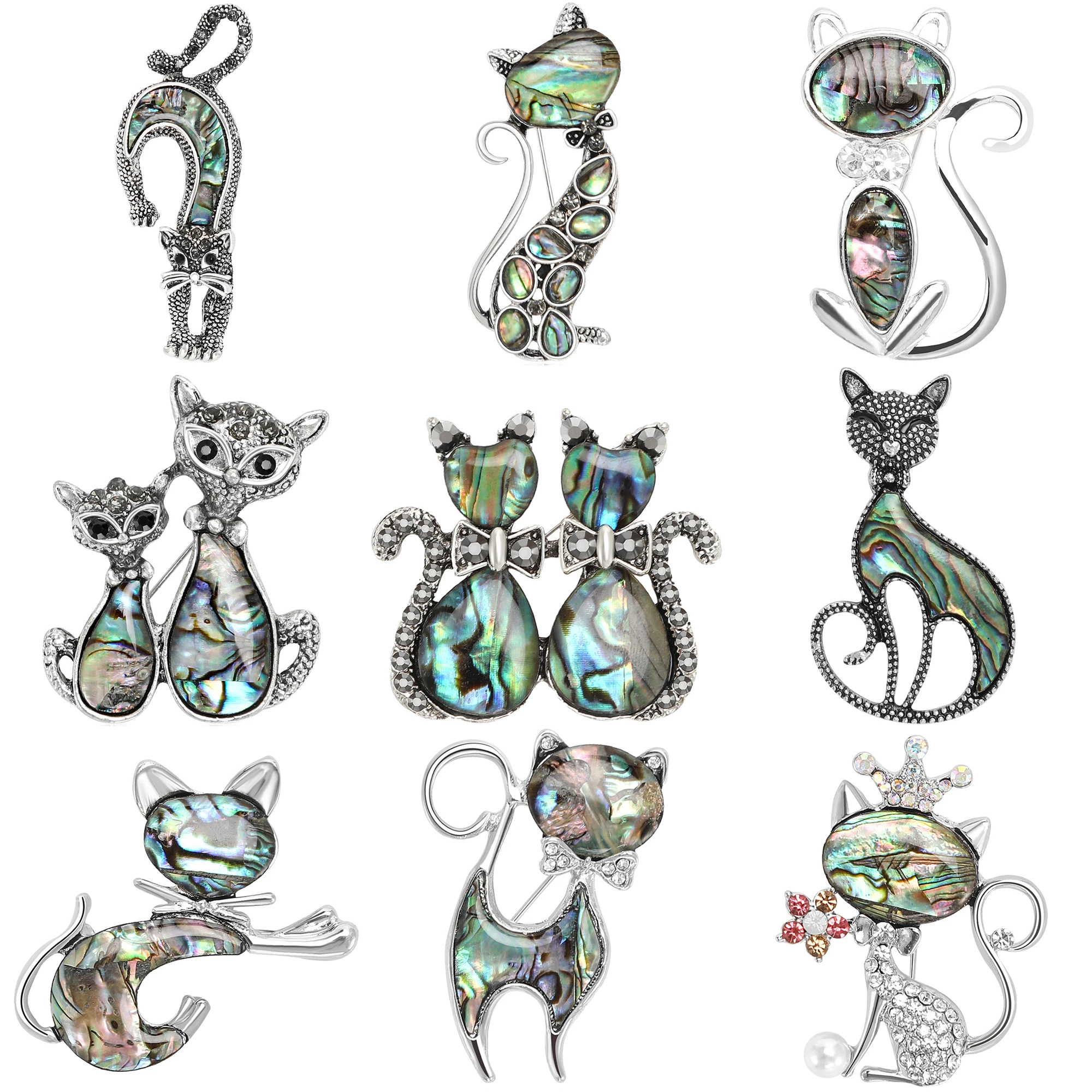 Shell Cat Brooches for Women Unisex Rhinestone Animal Kitten Pins Office Party Friend Gifts Jewelry Accessories