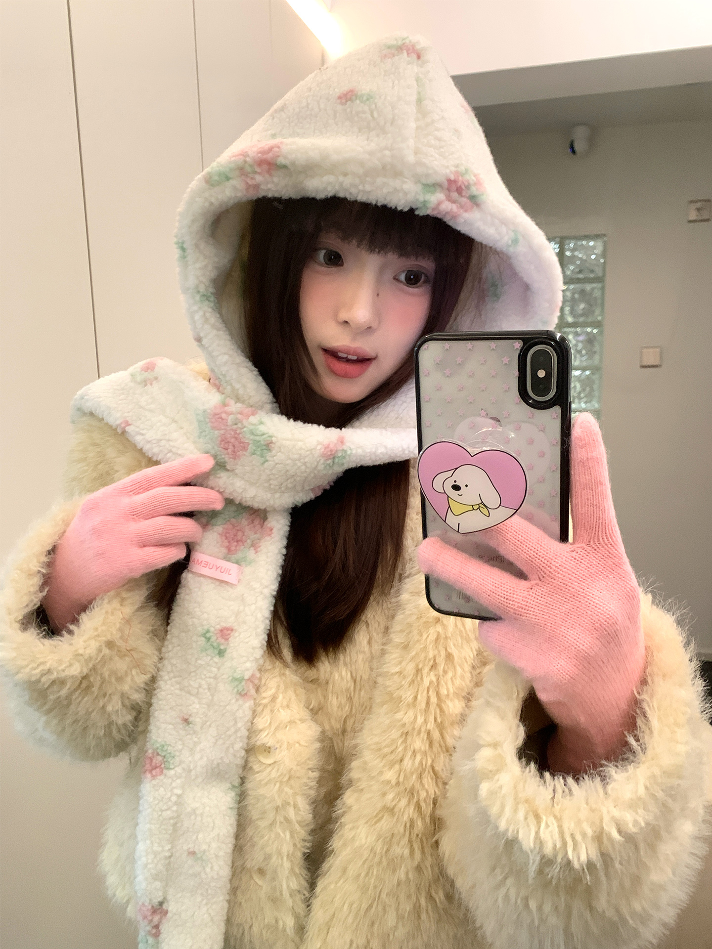Han Style Flower Balaclava For Women Warm Ear Hat With Scarf For Big Head In Winter