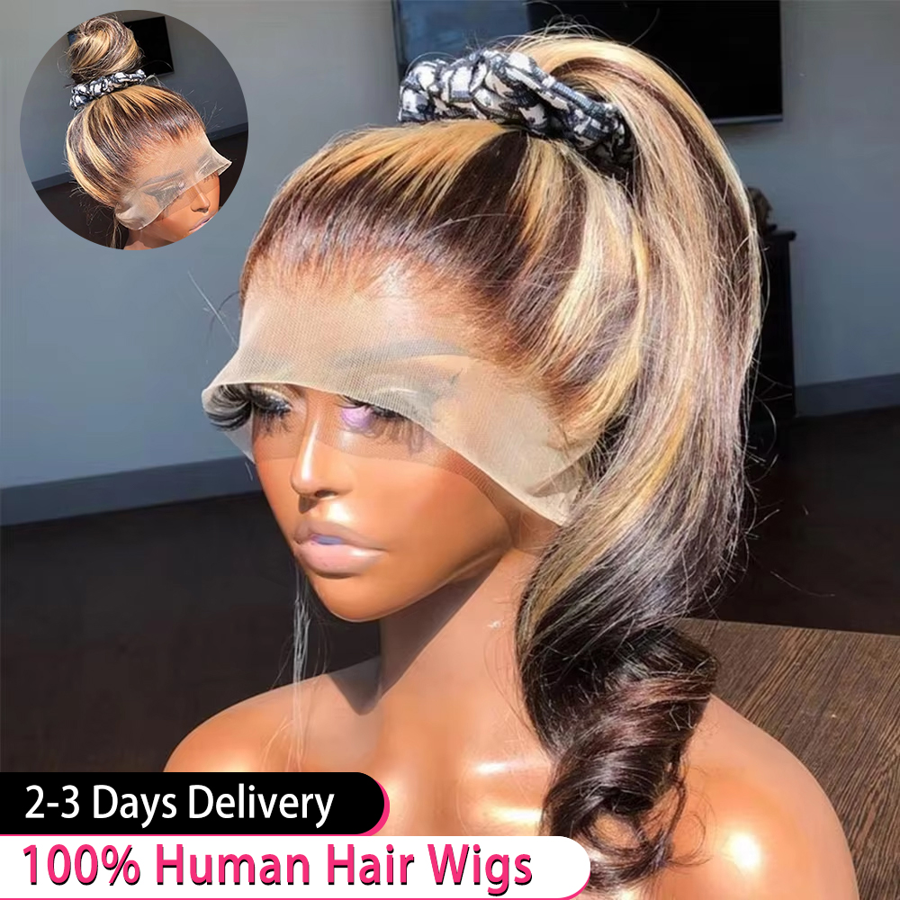 Peruka brazylijska ombre z kolorowymi pasemkami, 30 38 cali, 100% ludzkie włosy, peruka typu 360 Full Lace, 13x6 HD Bone Straight Lace Frontal, blond peruka z dziewiczych włosów.