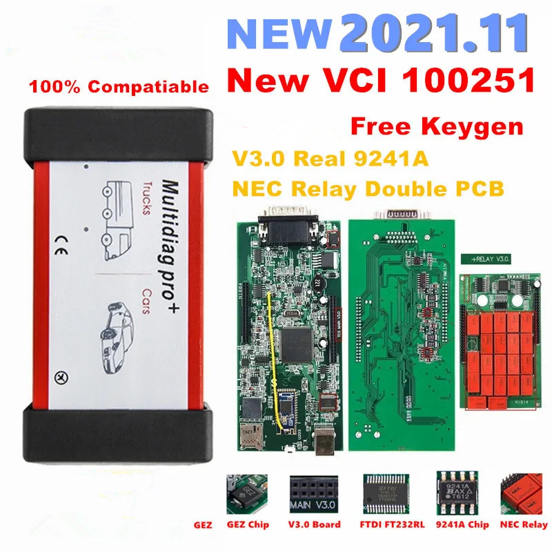 НОВЫЙ VCI 2021.11 Multidiag Pro TCS Bluetooth двойная печатная плата V3.0 красное реле NEC настоящий чип 9241A FTDI OBD2 диагностический инструмент