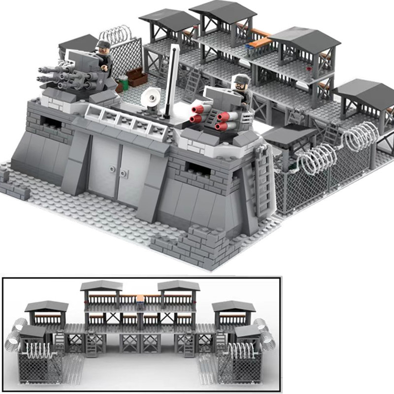 Batterie de construction militaire : Scène de guerre, base, tours de garde, figurines de soldats, armes, blocs, briques, jouets