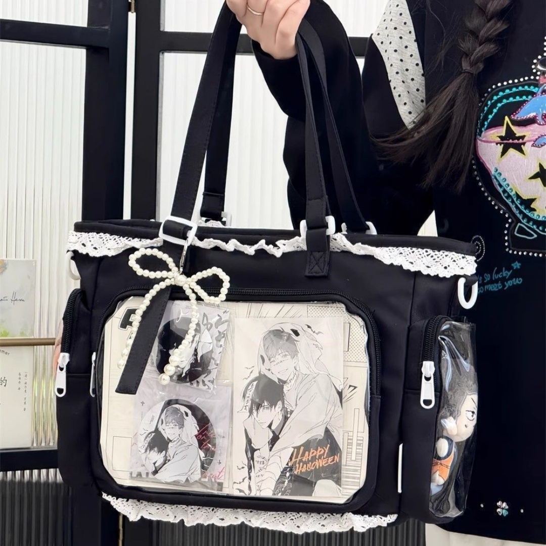 Kawaii Ita Bag Spitzen-Lolita-Tragetasche mit transparentem Fenster, Umhängetasche im japanischen Stil, DIY-Badge-Display-Handtasche für Anime-Fans
