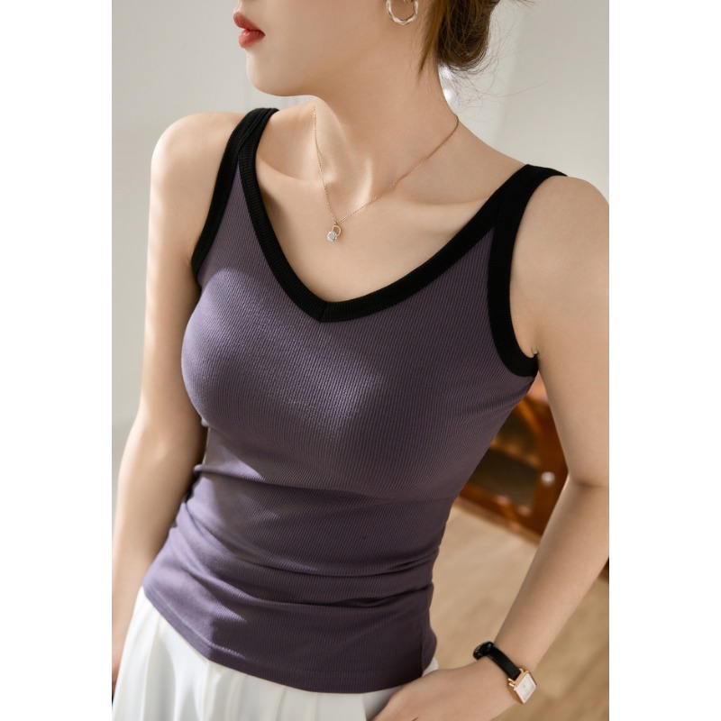 Camisola com decote em V de design avançado para roupas femininas de verão ao ar livre, nova cor bloqueada de cintura alta colete curto