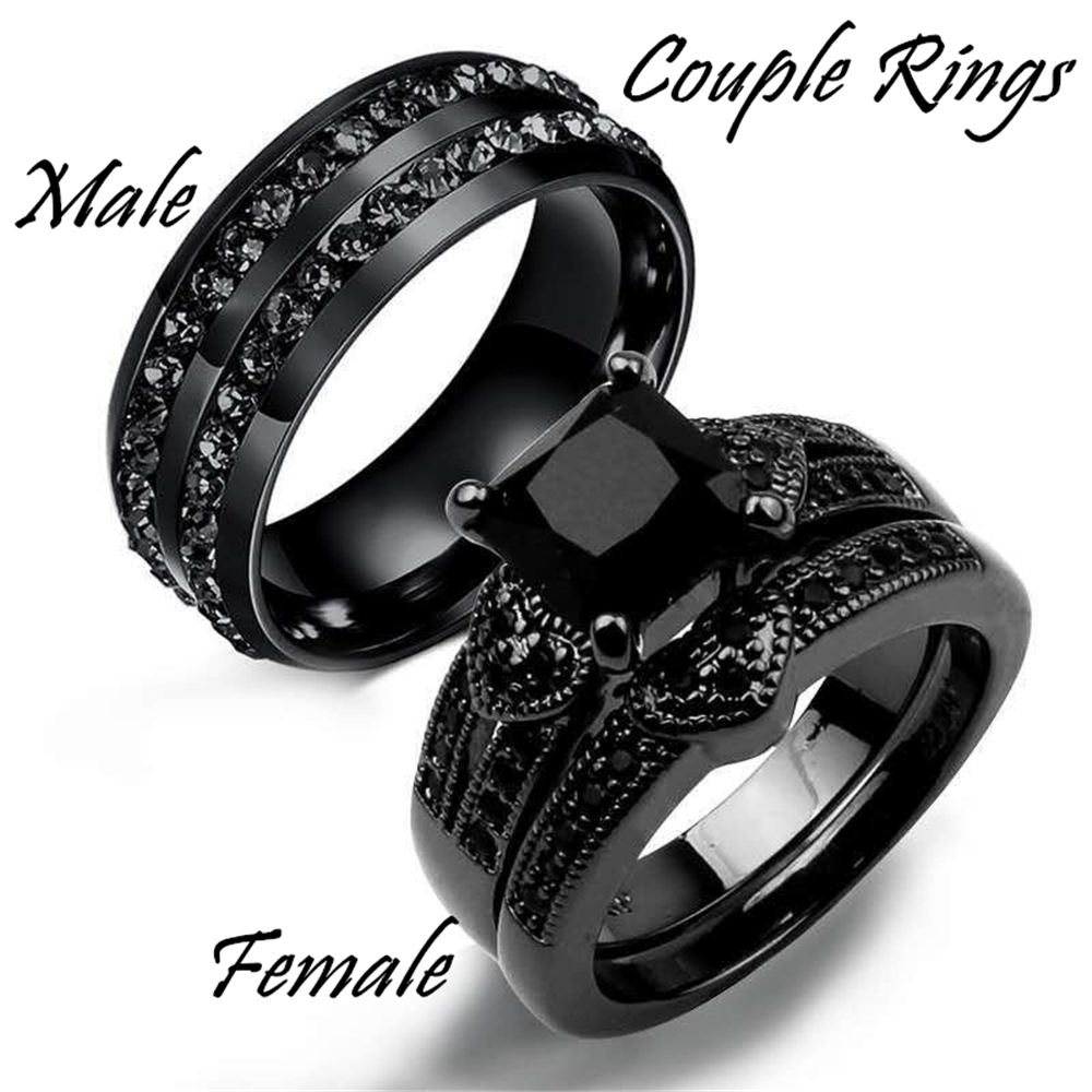Precioso anillo negro repleto de circón para parejas, anillo de acero inoxidable a la moda para hombres, elegante, en forma de corazón para mujeres, 2 uds., regalo de joyería de boda