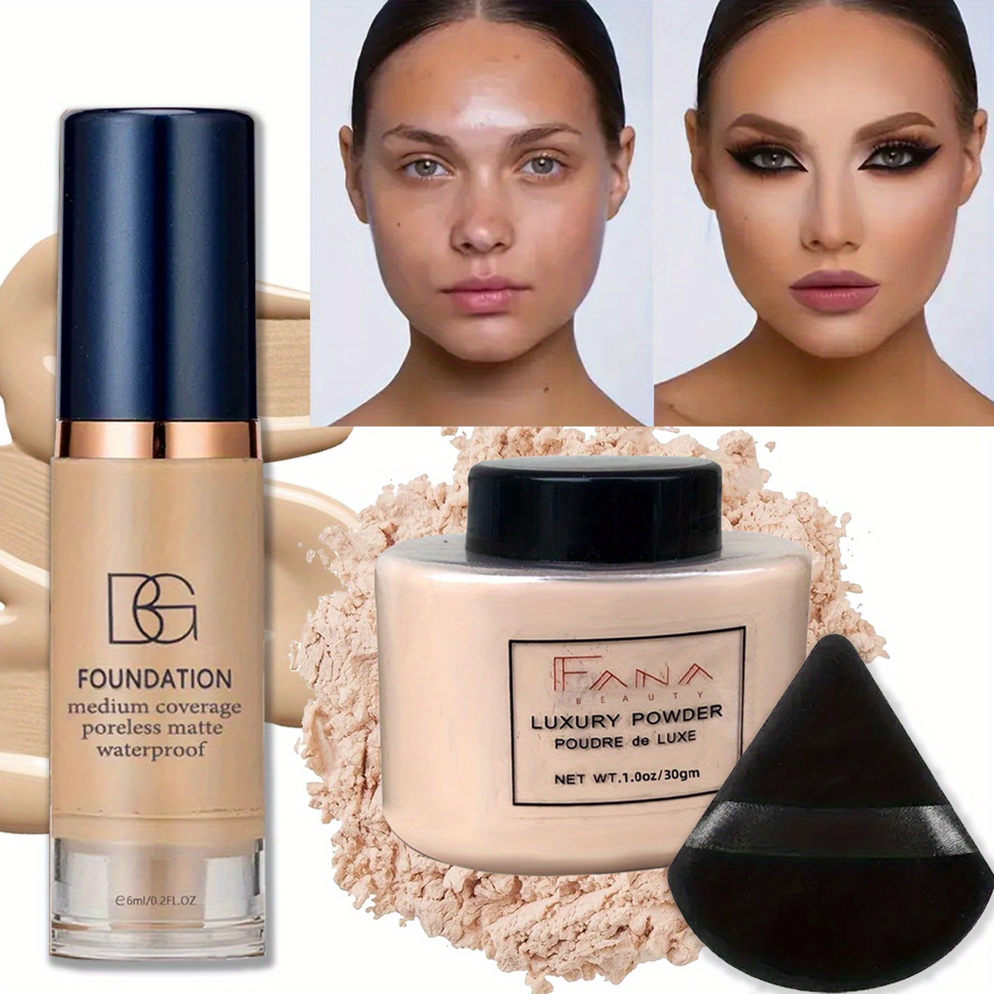 3pcs/Set Foundation Oil-Control Powder and Puff Waterproof Set,Buildable for Covering Dark Circles,Matte Finish, Long Lasting