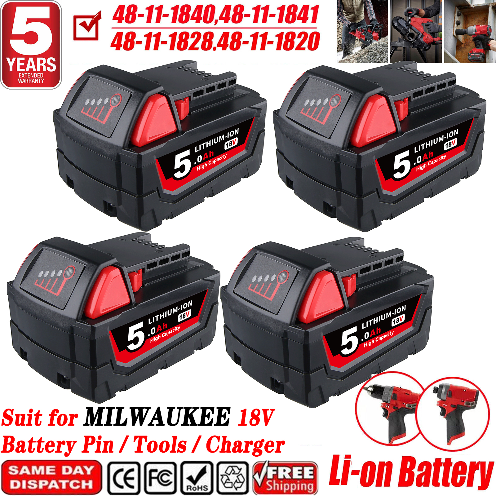 Confezione da 1/2/4 5.0Ah M18 Li-on Sostituisci per batteria Milwaukee 18V Pin 48-11-1850 48-11-1860 Compatibile con utensili elettrici a batteria 18V