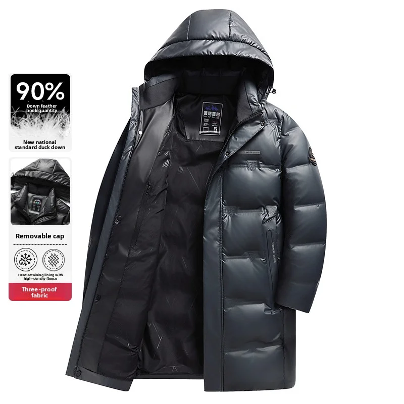 Winter New Men's Long Down Jacket with Thickened Warm and Bright Fabric Duck Down Content of 90% Business and Leisure Jacket