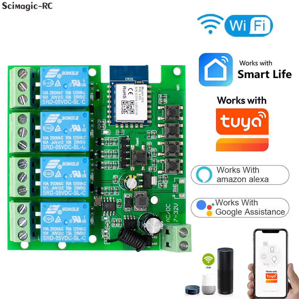 4CH Relay Smart Wireless Wifi Switch Module 7-32V 85-250V 220V 110V 2200W RF433 10A Receiver For Alexa Work With Tuya