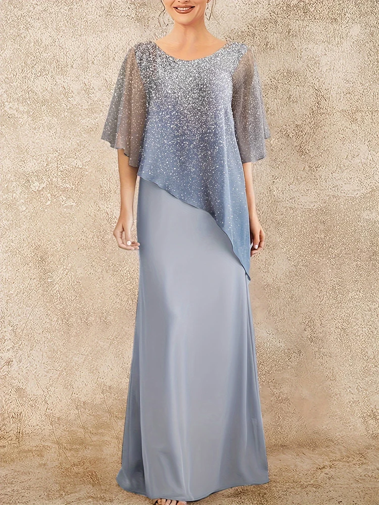 Vestido de verano de talla grande para mujer, Vestido de noche elegante, Vestido largo Irregular con estampado degradado de gasa gris y azul para novia y mamá