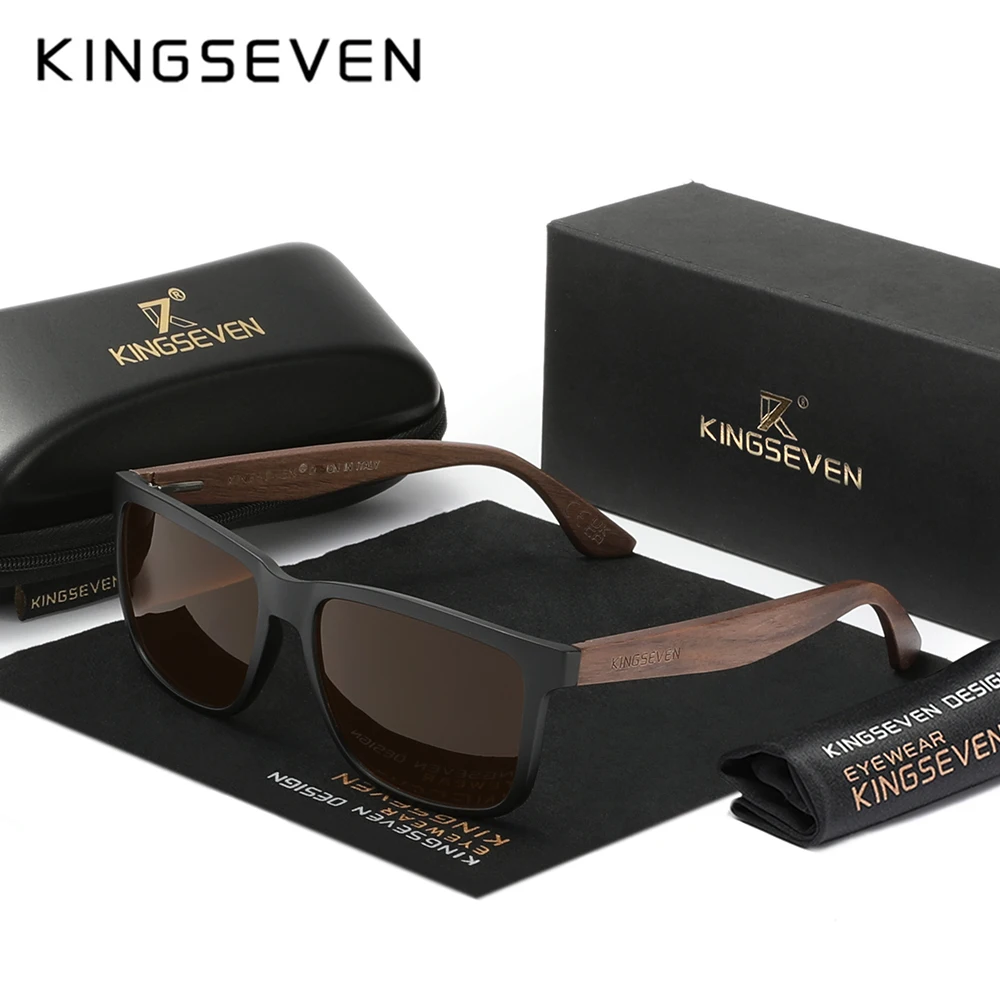 KINGSEVEN Wooden Frame Sunglasses Polarized Rectangle Walnut Unisex Woman UV400 Accessory Original Eyewear