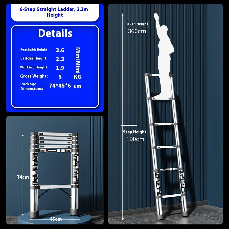 Stainless steel telescopic straight ladder, portable elevator, household engineering ladder, bamboo ladder, thickened anti slip