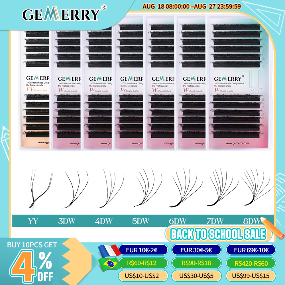 Extensión de pestañas en forma de Gemerry YY, floración automática en forma de W, floración 3D 4D 5D 6D 8D, ventiladores prefabricados, maquillaje de pestañas, volumen