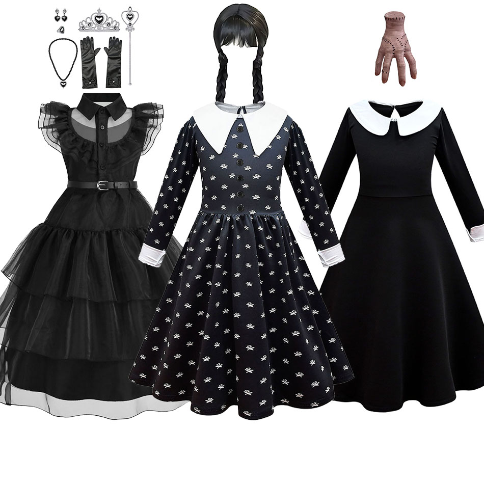 Disfraz de Addams para niños, disfraz familiar para niñas, disfraz de Halloween, baile familiar para niños, vestido negro, desfile de miércoles, fantasía