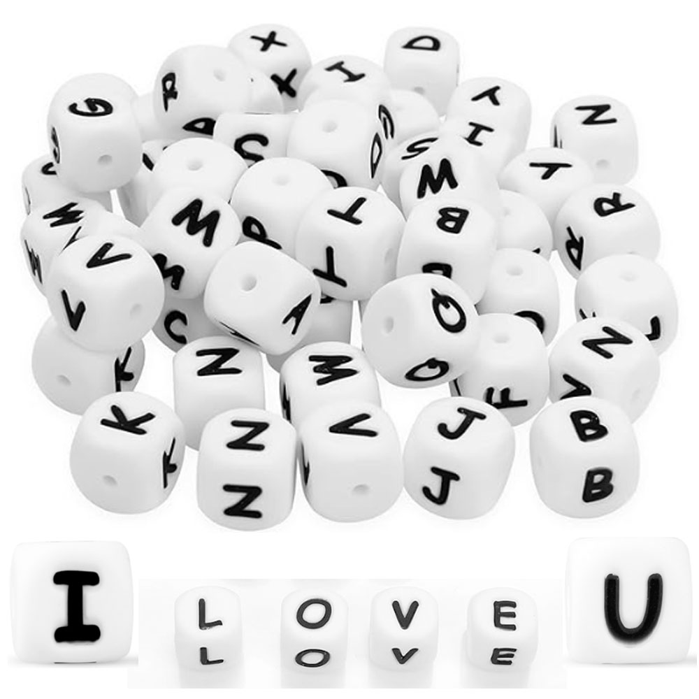 10 Stück 12 mm Buchstaben-Silikonperlen, Würfel, weiße Alphabet-Perlen, A-Z, lose Abstandsperlen, DIY-Armband, Schmuckzubehör