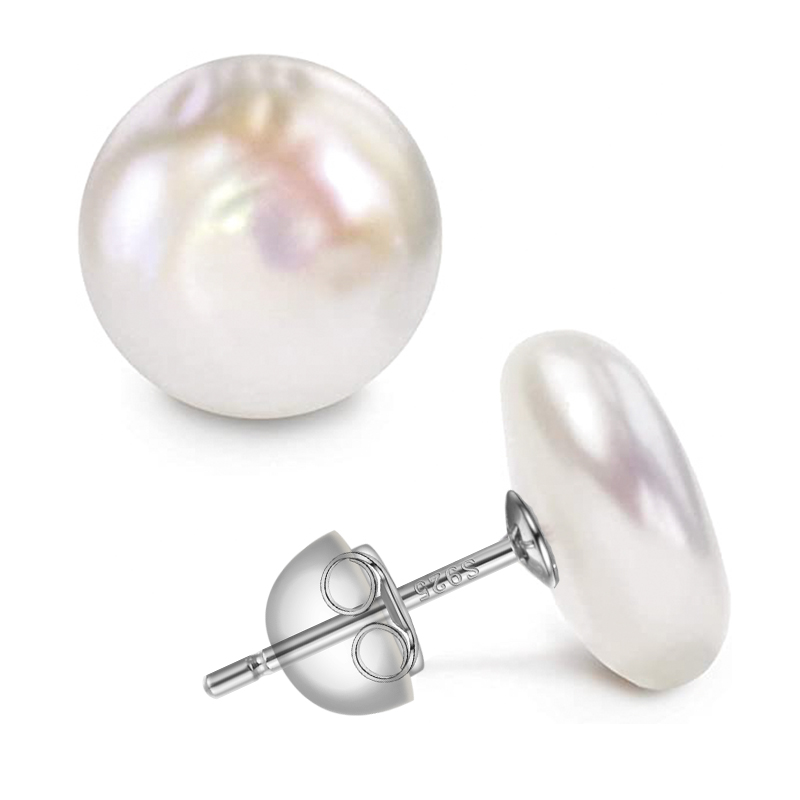 Boucles d'oreilles en argent regardé 925 avec gros boutons baroques pour femme, perle de culture d'eau douce, pièces de monnaie Biwa, clous de montage, bijoux