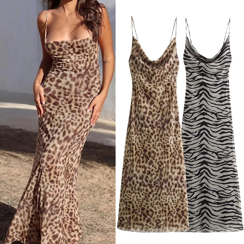 Muyer leopardo impressão tule deslizamento vestido mulher sem costas verão vestidos longos para mulheres vintage sexy vestidos de festa midi vestido de férias