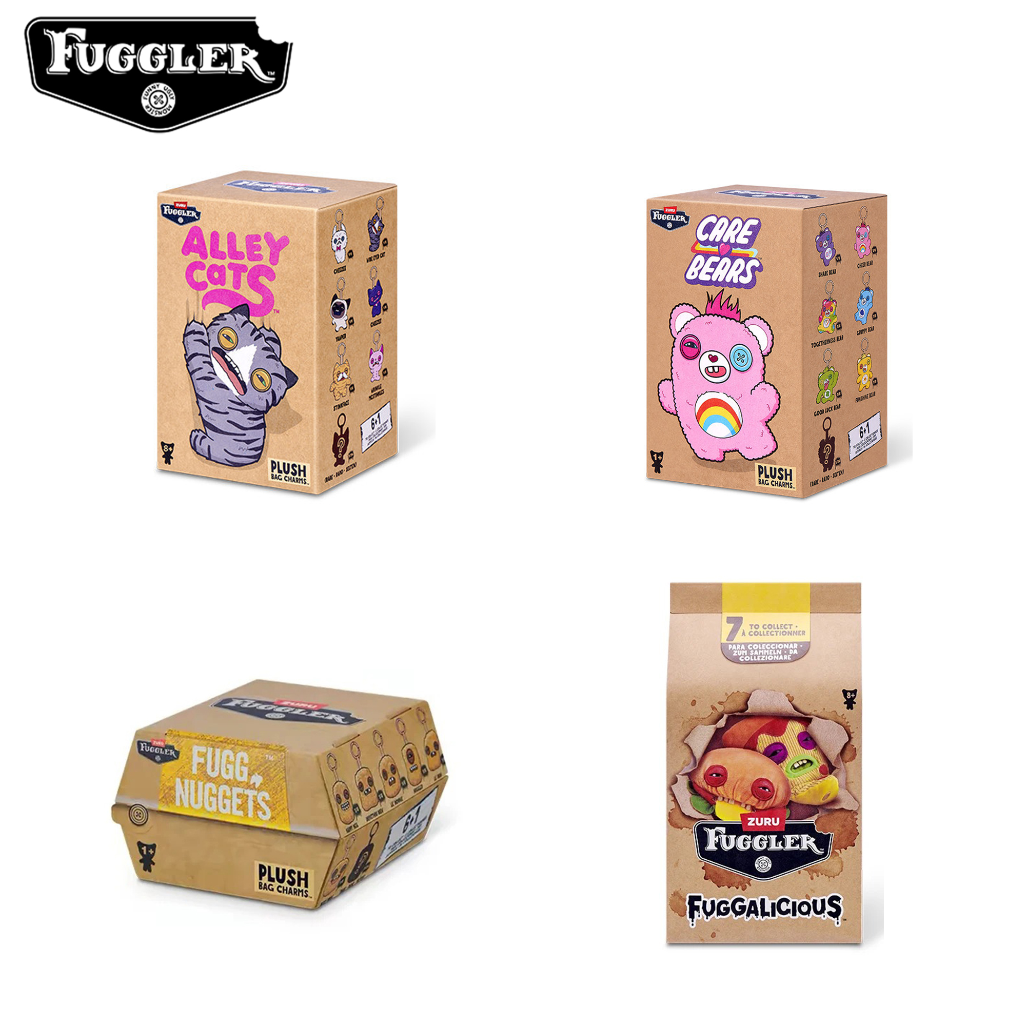 Jouets en peluche originaux Fuggler Ugly Teeth Monster, porte-clés en peluche Chat et Ours, pendentif Nuggets, breloque de sac, poupées Hamburger, 1 pièce aléatoire