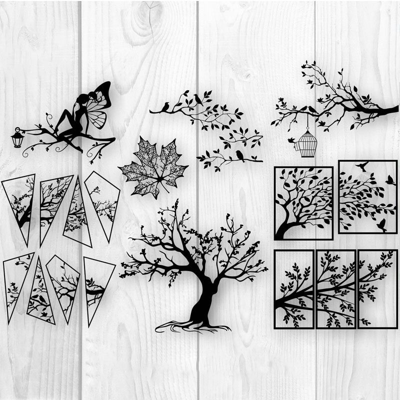 Muurkunst decoratie 2d vector tekeningen takken en bomen dxf cdr ai svg formaten 9 stuks van bestanden