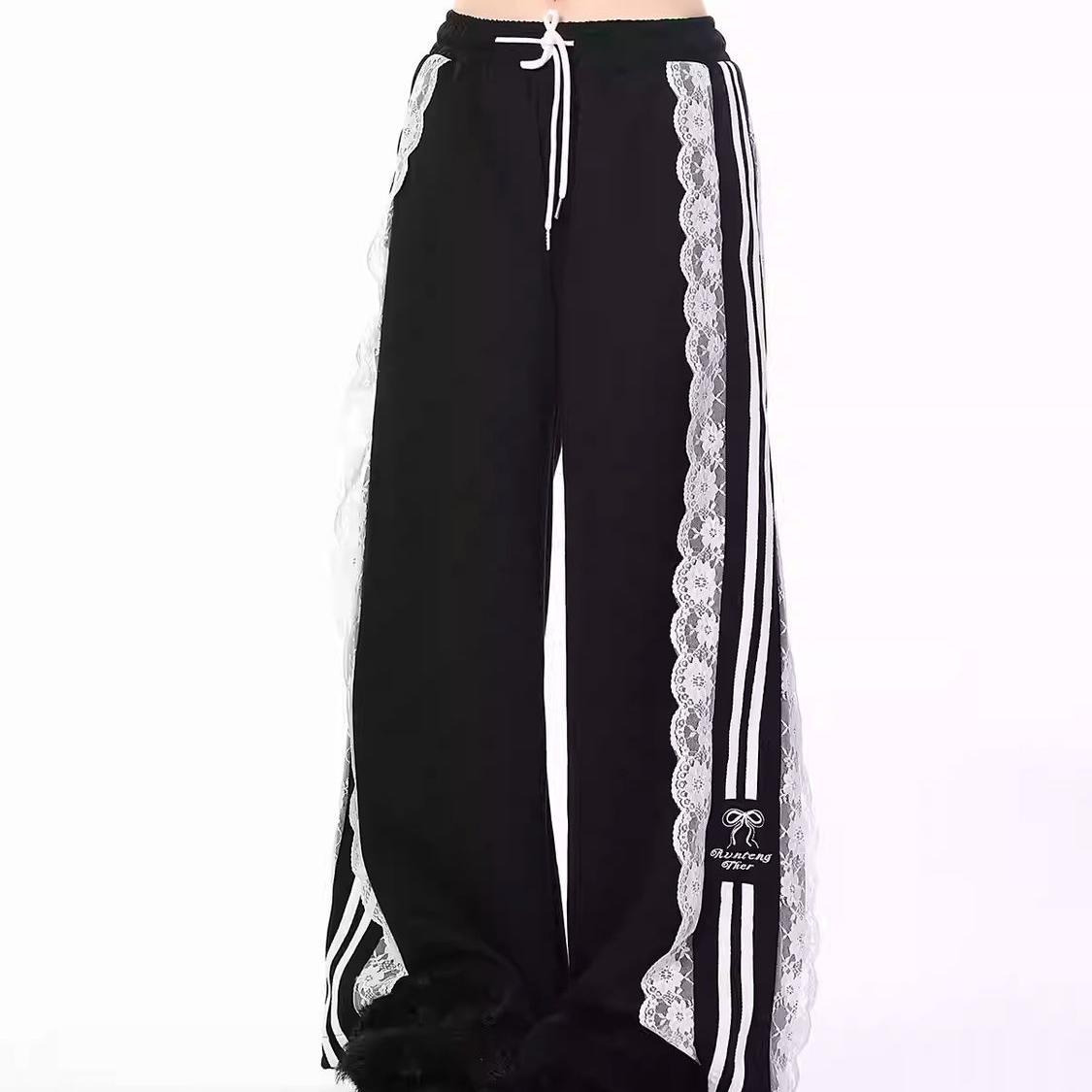 American Vintage Lace Patchwork Casual Sports Pants for Women Autumn New Loose Straight-leg Pants Drawstring Waist Y2k Pants