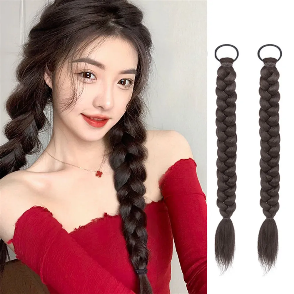 合成編組ツイストツイスト,女性用ヘアエクステンション,ポニーテール,ヘアバンド,黒天然かつら,ラバーバンド