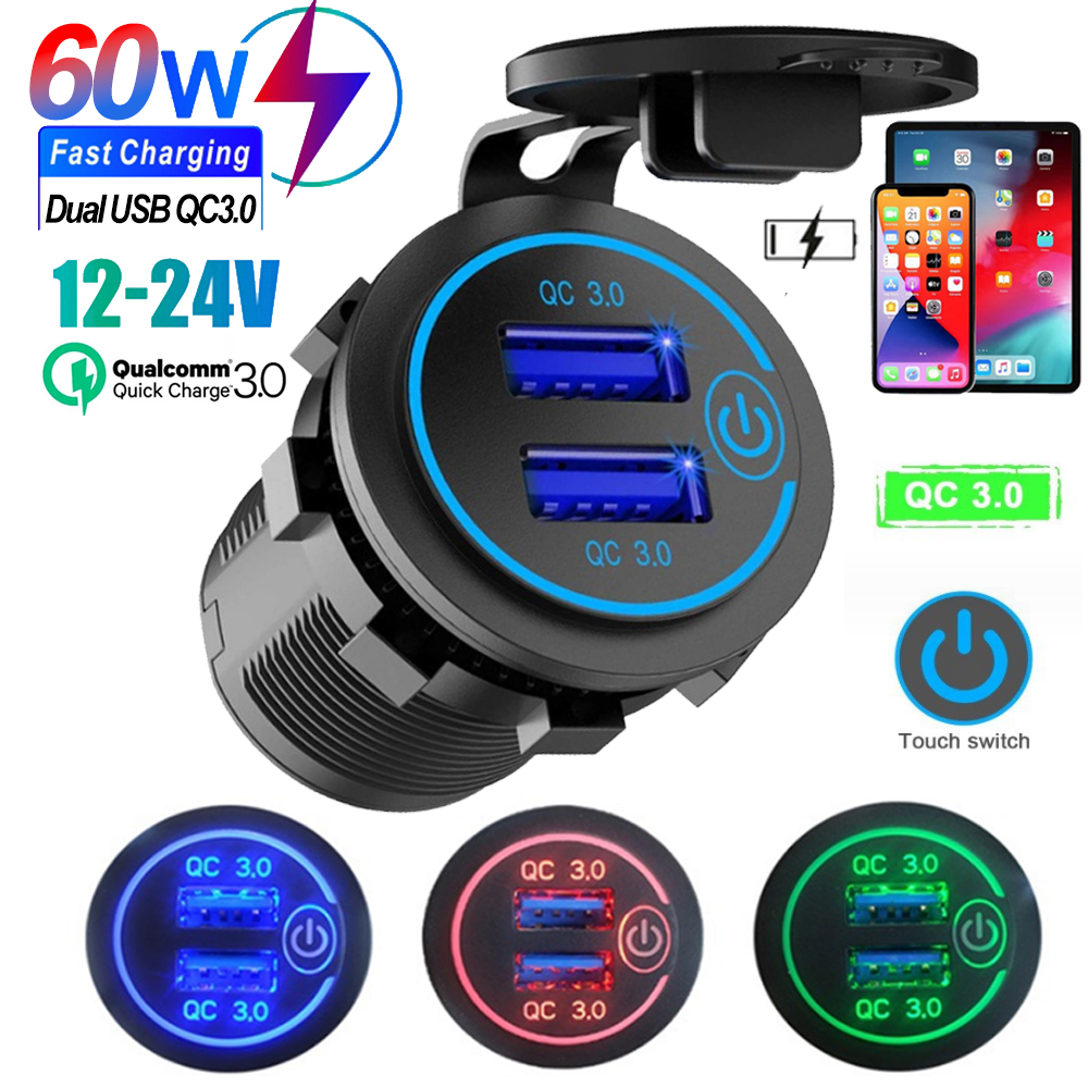 Cargador de coche rápido USB Dual QC 3,0, toma de corriente de 12V/24V resistente al agua con interruptor, adaptador de carga Quckly para coche