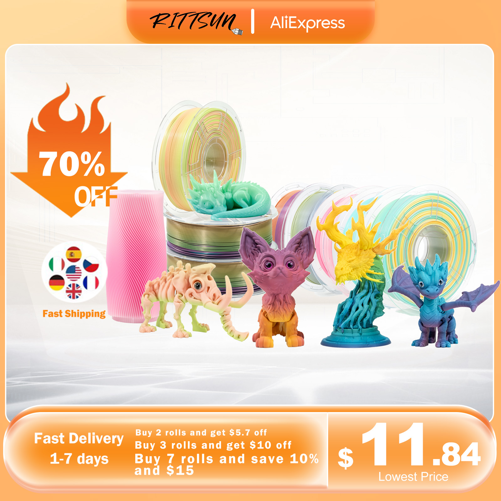 Ritsun pla/petg/pla + filamento fosco/seda/arco-íris pla 1kg 1.75mm filamento de impressão 3d de alta qualidade envio rápido