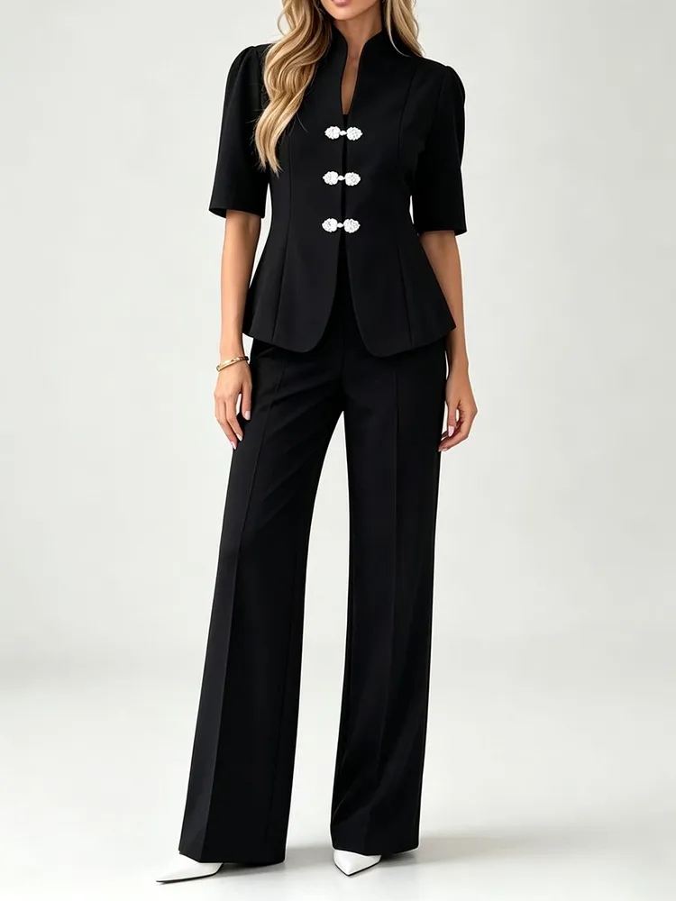 2026 Zomer Dames 2-delig Blazer Pak Elegant Korte Mouw Top Wijde Pijpen Broek Set Kantoor Dame Werkkleding Zwart Wit