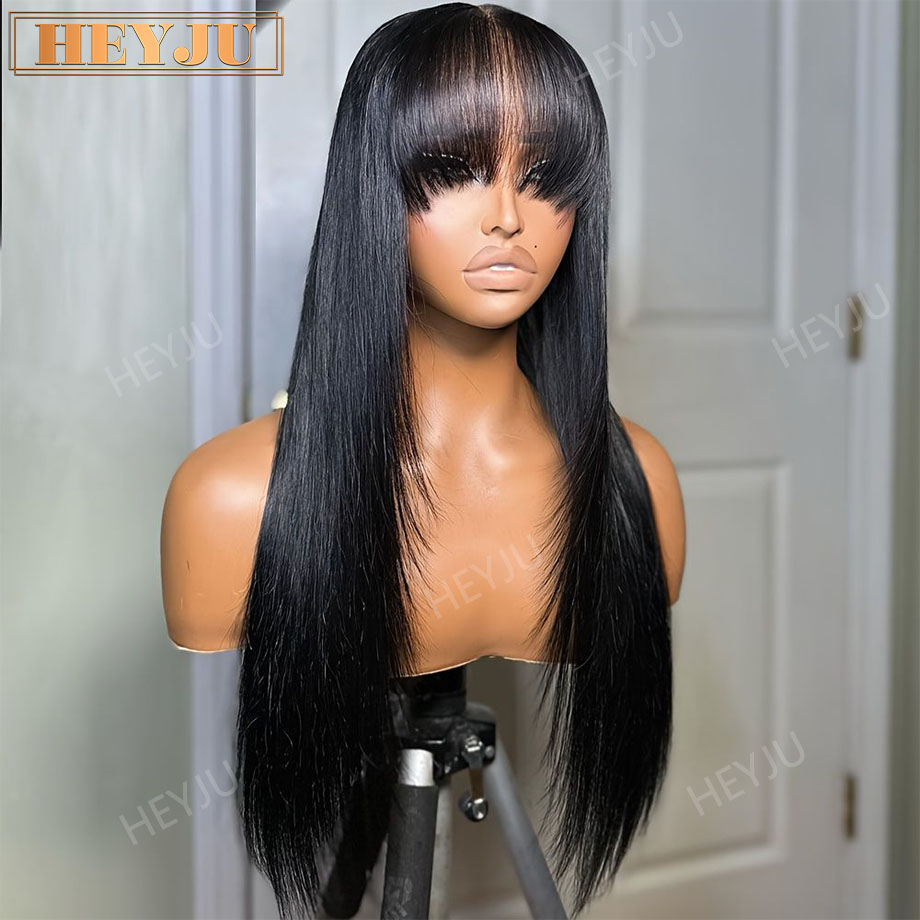 Peruca sem cola com franja, cabelo humano, 3x1 HD Lace, perucas de cabelo humano liso para mulher, perucas brasileiras baratas, totalmente feitas à máquina, em promoção.