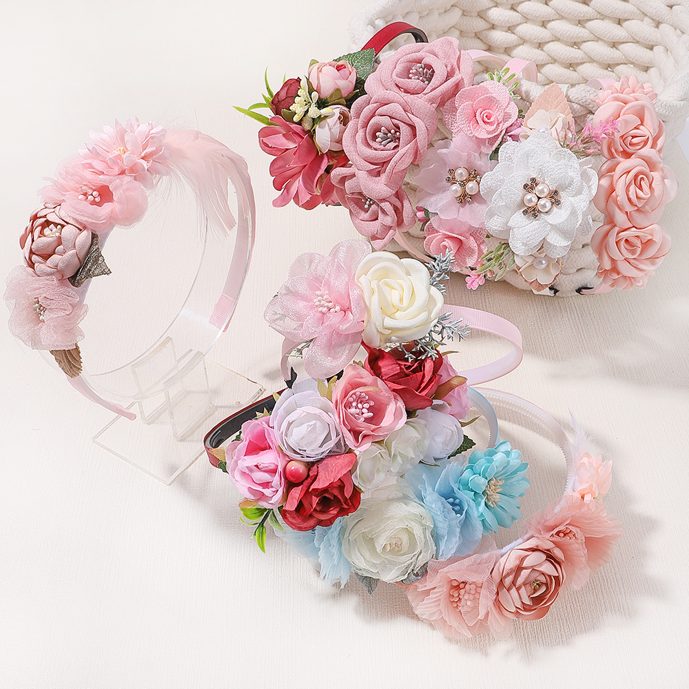 Handmade ดอกไม้สาว Headbands เด็ก Hairband Pearl Feather งานแต่งงานเจ้าหญิงเด็ก Dance Party Headwear อุปกรณ์เสริมทารกแรกเกิด