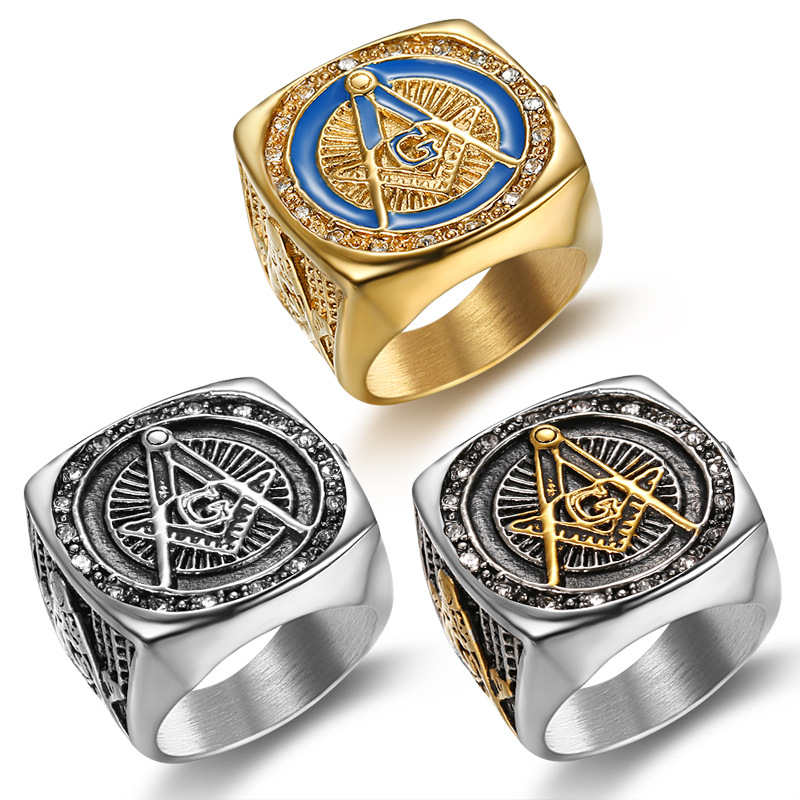 Mode Rode Vrijmetselaars Ring Rvs Charm Sieraden Gold Mason Vrijmetselarij Kompas Mens Vrouwen Ring SYR0003