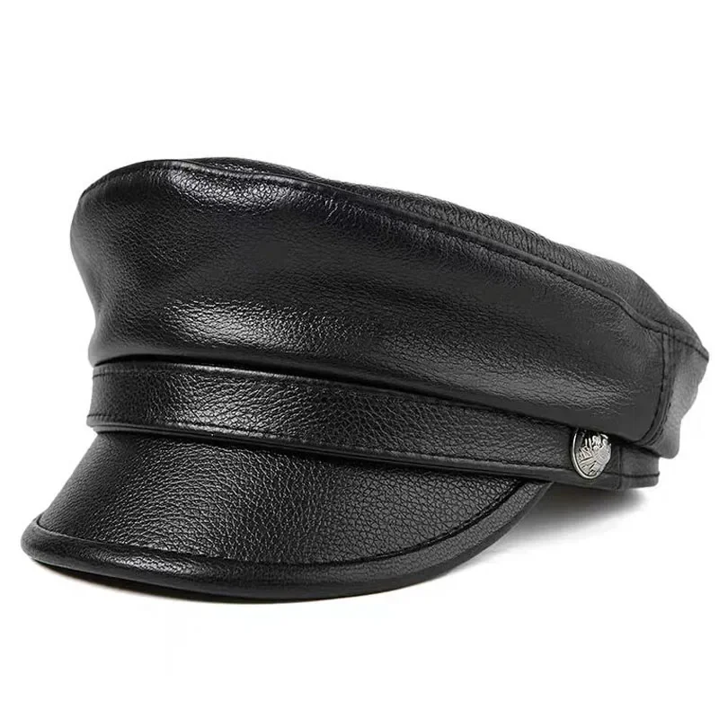 Topi militer kulit asli uniseks, topi datar kulit domba lapisan pertama hangat luar ruangan musim dingin 100%