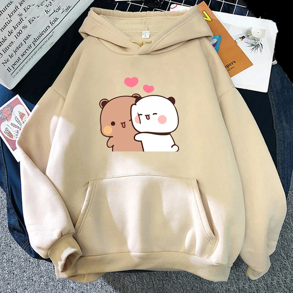 Sudadera con capucha de talla grande para mujer, Panda de dibujos animados Bubu y Dudu, Kawaii, Harajuku, cuello redondo, Harajuku, ropa estampada Unisex